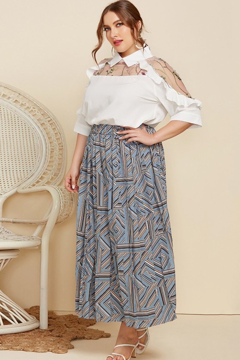 Plus Size Embroidered Ruffle Trim Collared Half Sleeve Blouse - TapLike