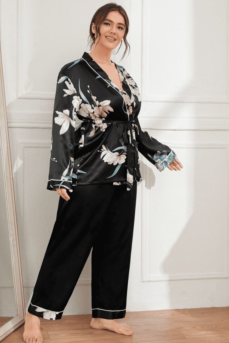 Plus Size Floral Belted Robe and Pants Pajama Set - TapLike