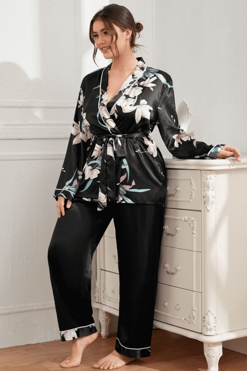 Plus Size Floral Belted Robe and Pants Pajama Set - TapLike
