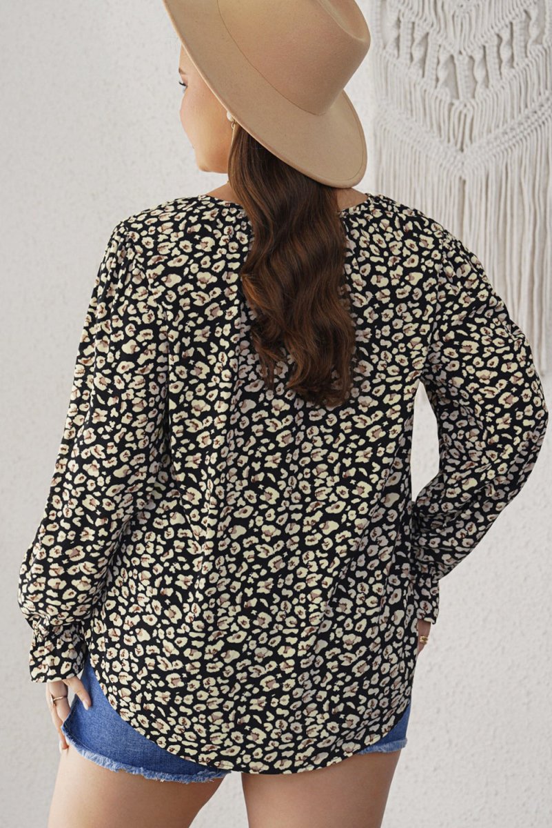 Plus Size Floral Flounce Sleeve Tie-Neck Blouse - TapLike