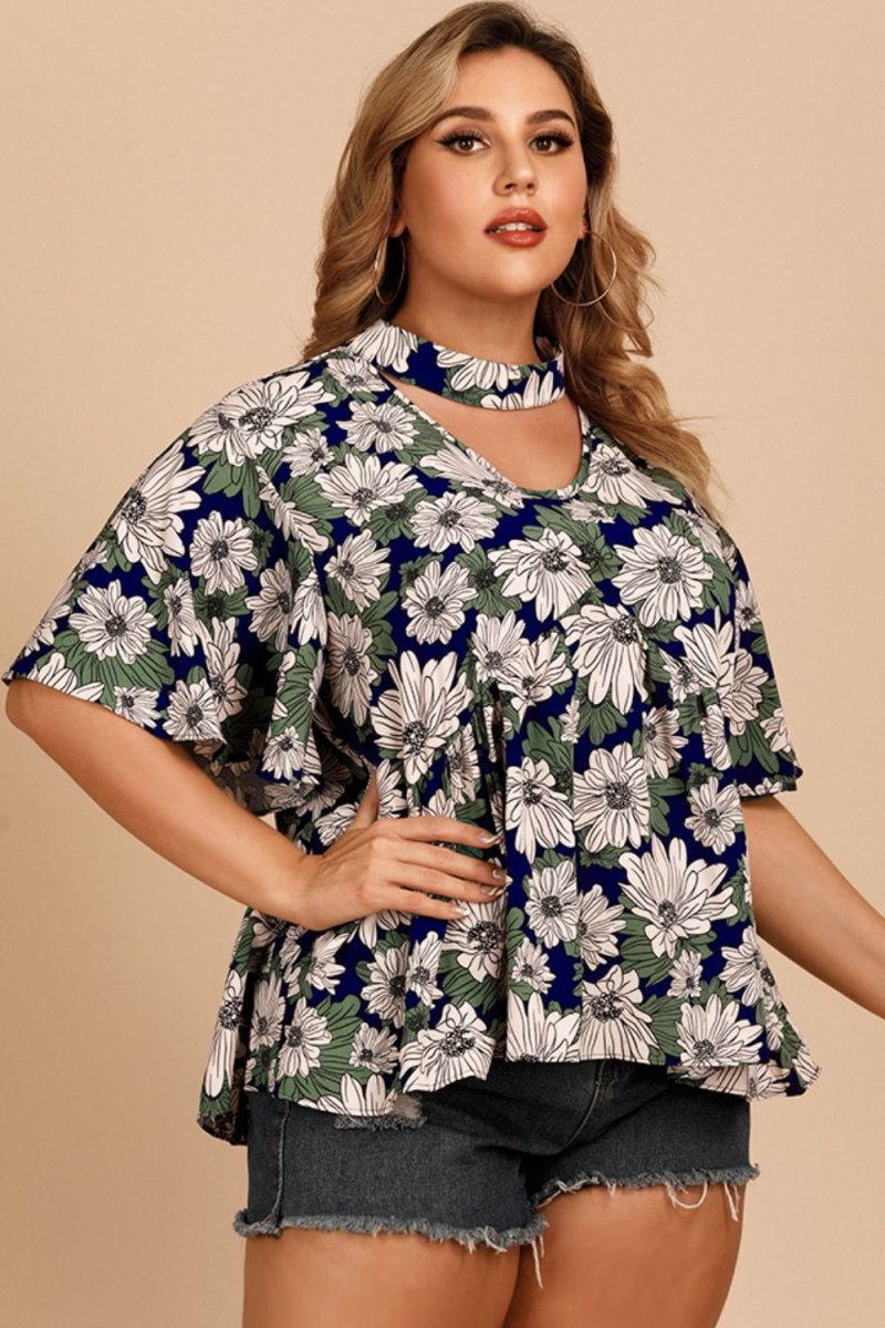 Plus Size Floral Flutter Sleeve Cutout Blouse - TapLike