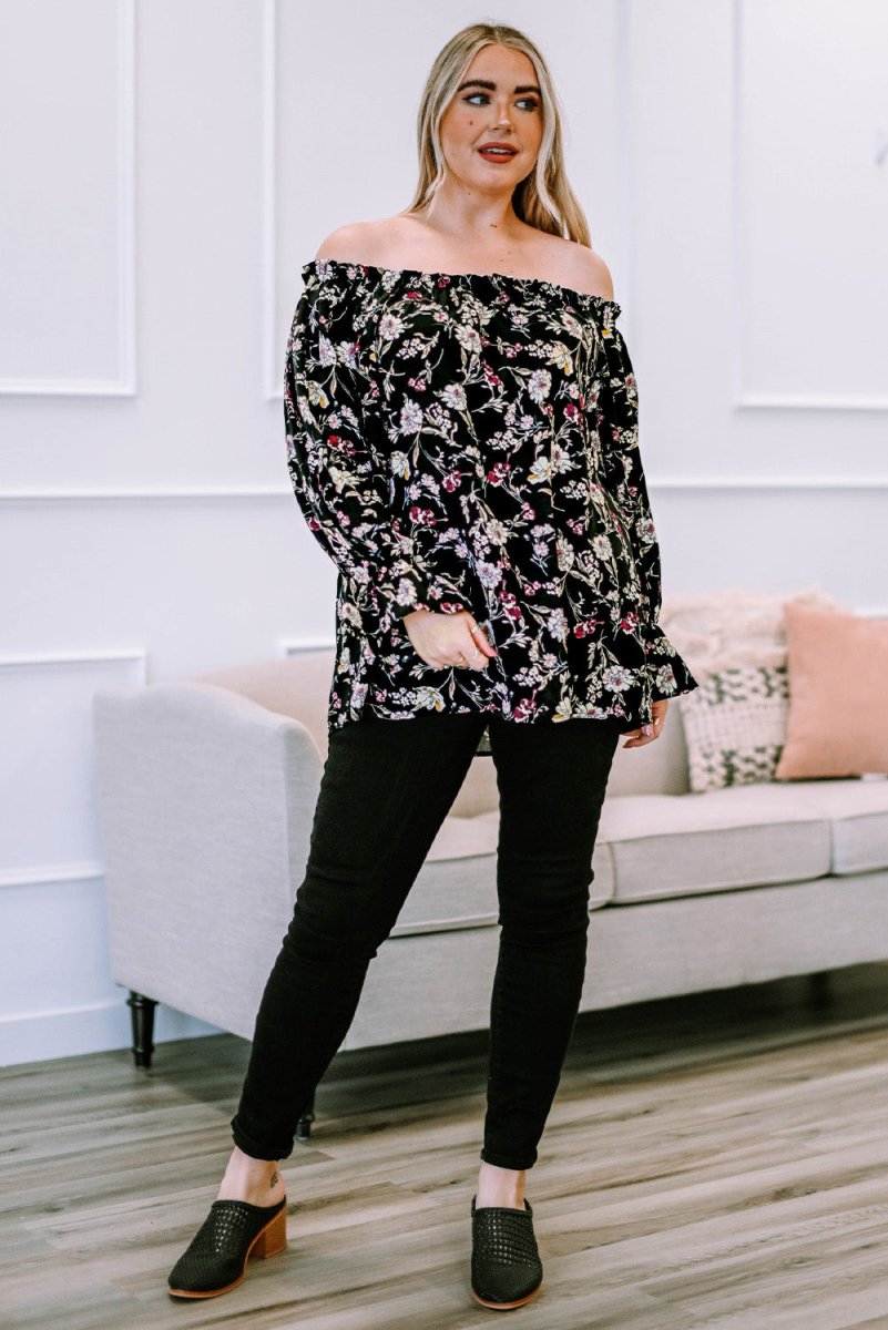 Plus Size Floral Frilled Off-Shoulder Blouse - TapLike