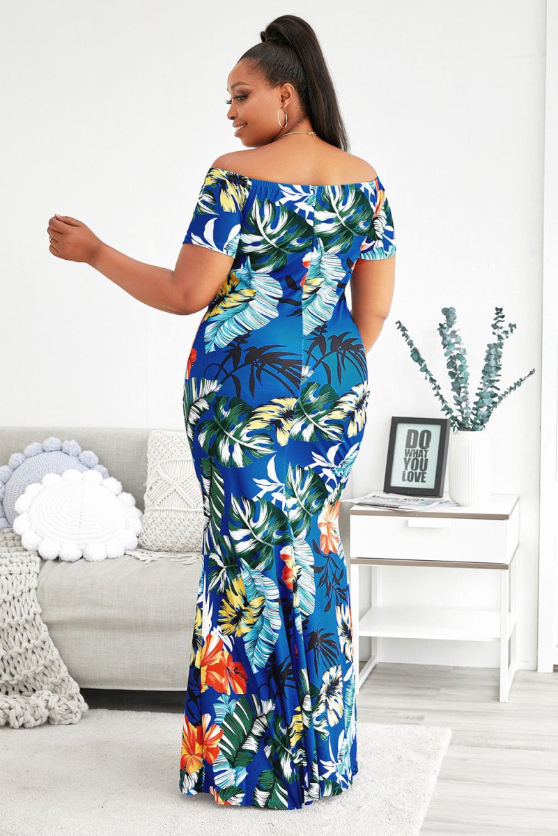 Plus Size Floral Off-Shoulder Short Sleeve Fishtail Dress - TapLike