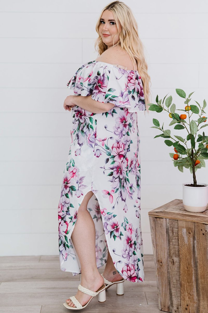 Plus Size Floral Off-Shoulder Side Slit Layered Dress - TapLike