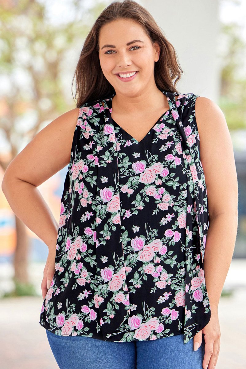 Plus Size Floral Tie Neck Tank - TapLike