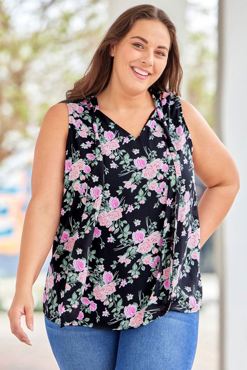 Plus Size Floral Tie Neck Tank - TapLike
