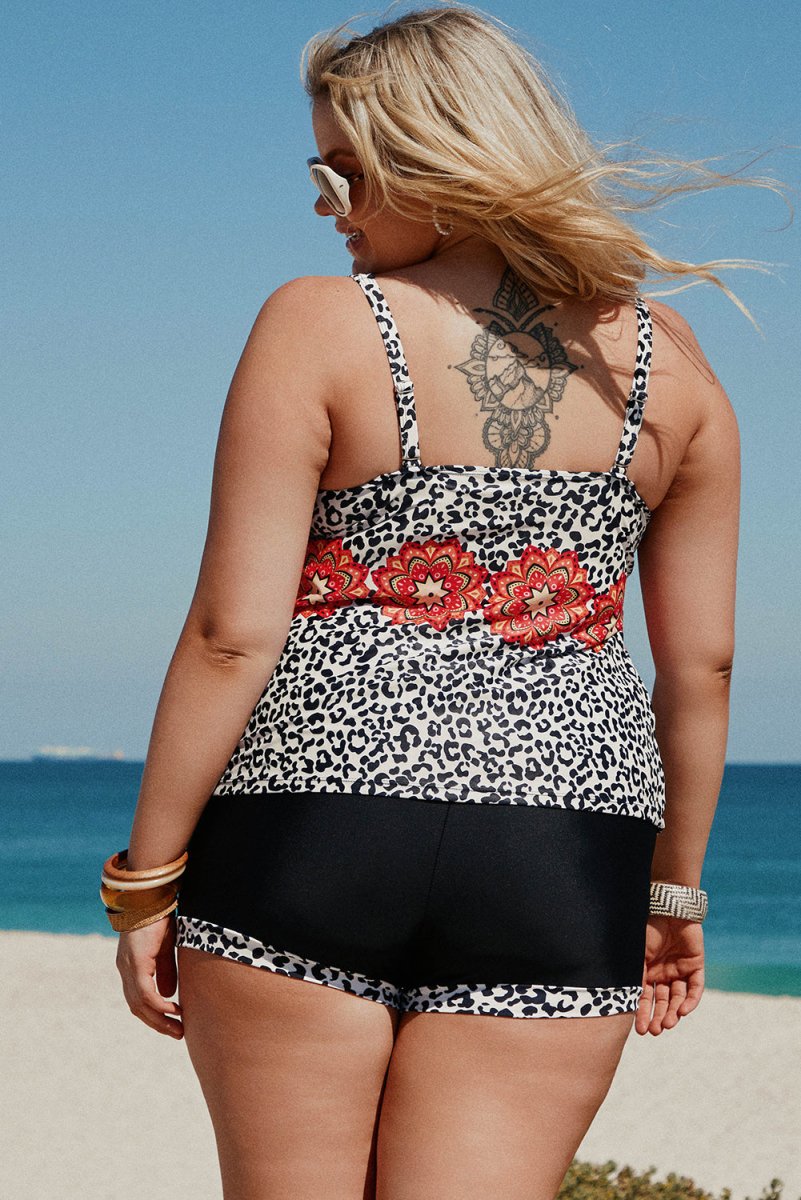 Plus Size Mixed Print Tankini Set with Pockets - TapLike