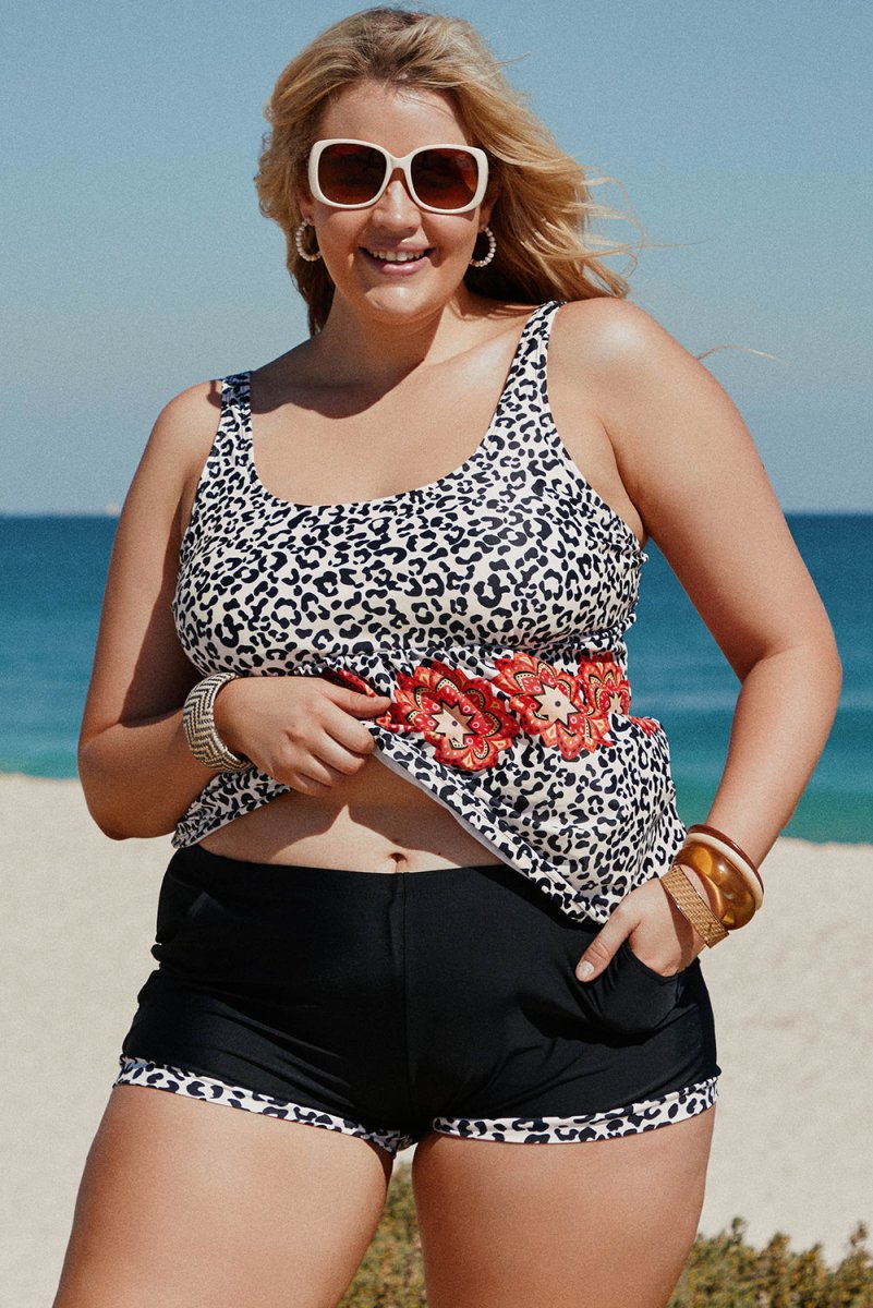 Plus Size Mixed Print Tankini Set with Pockets - TapLike