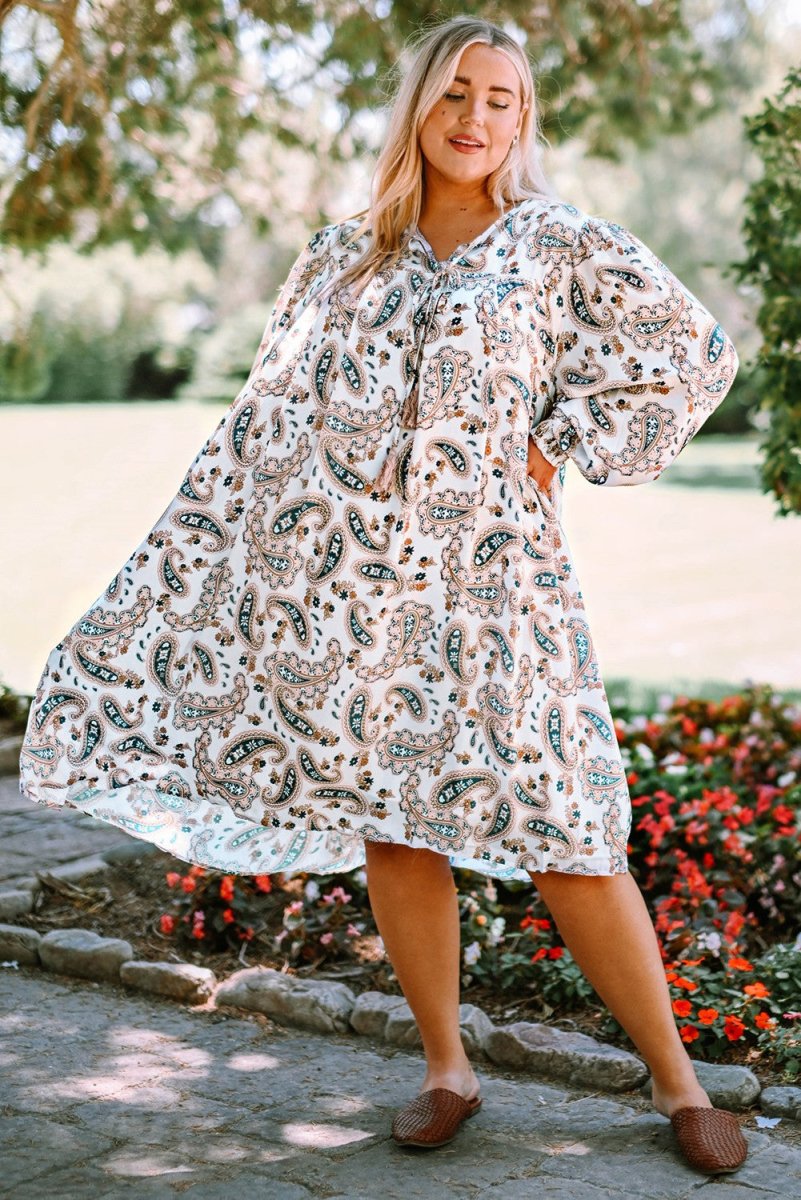 Plus Size Paisley Print Puff Sleeve Dress - TapLike