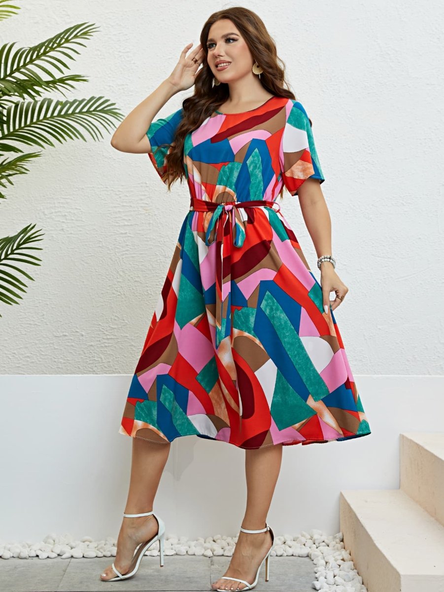 Plus Size Printed Round Neck Tie Belt Dress - TapLike