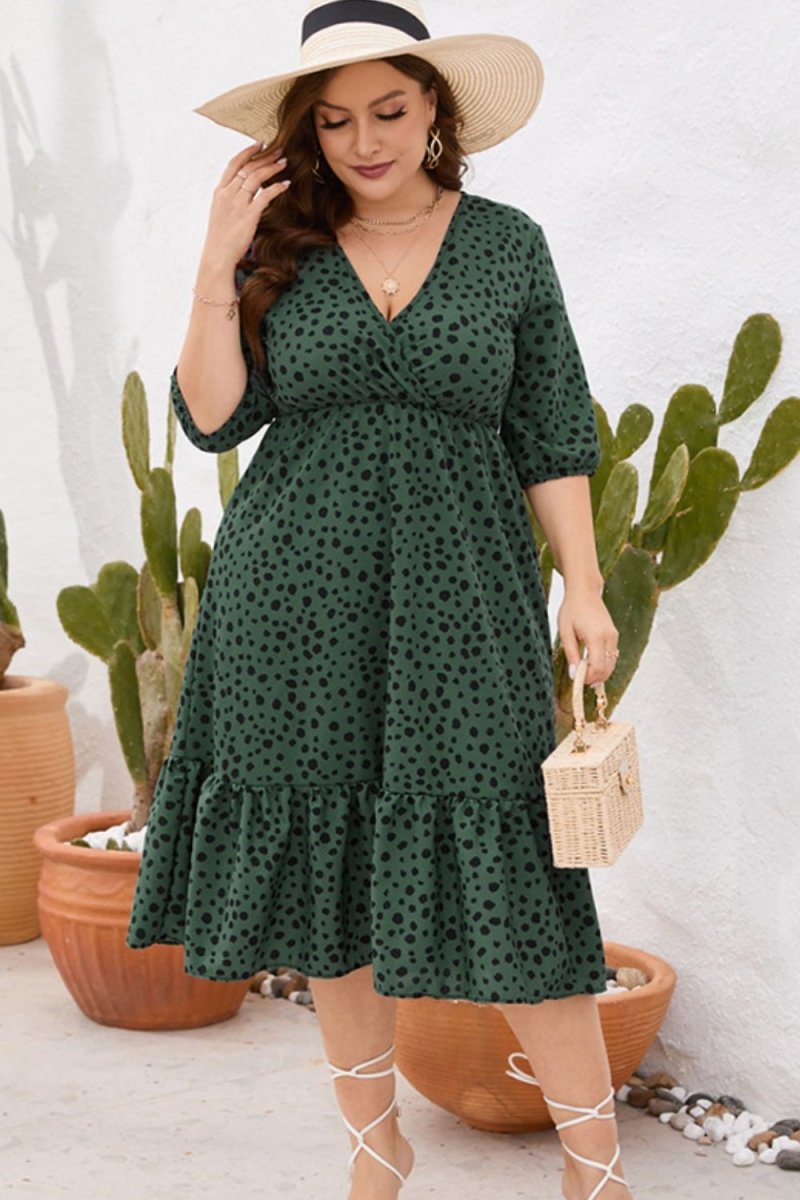 Plus Size Printed Surplice Ruffle Hem Dress CFG - Taplike