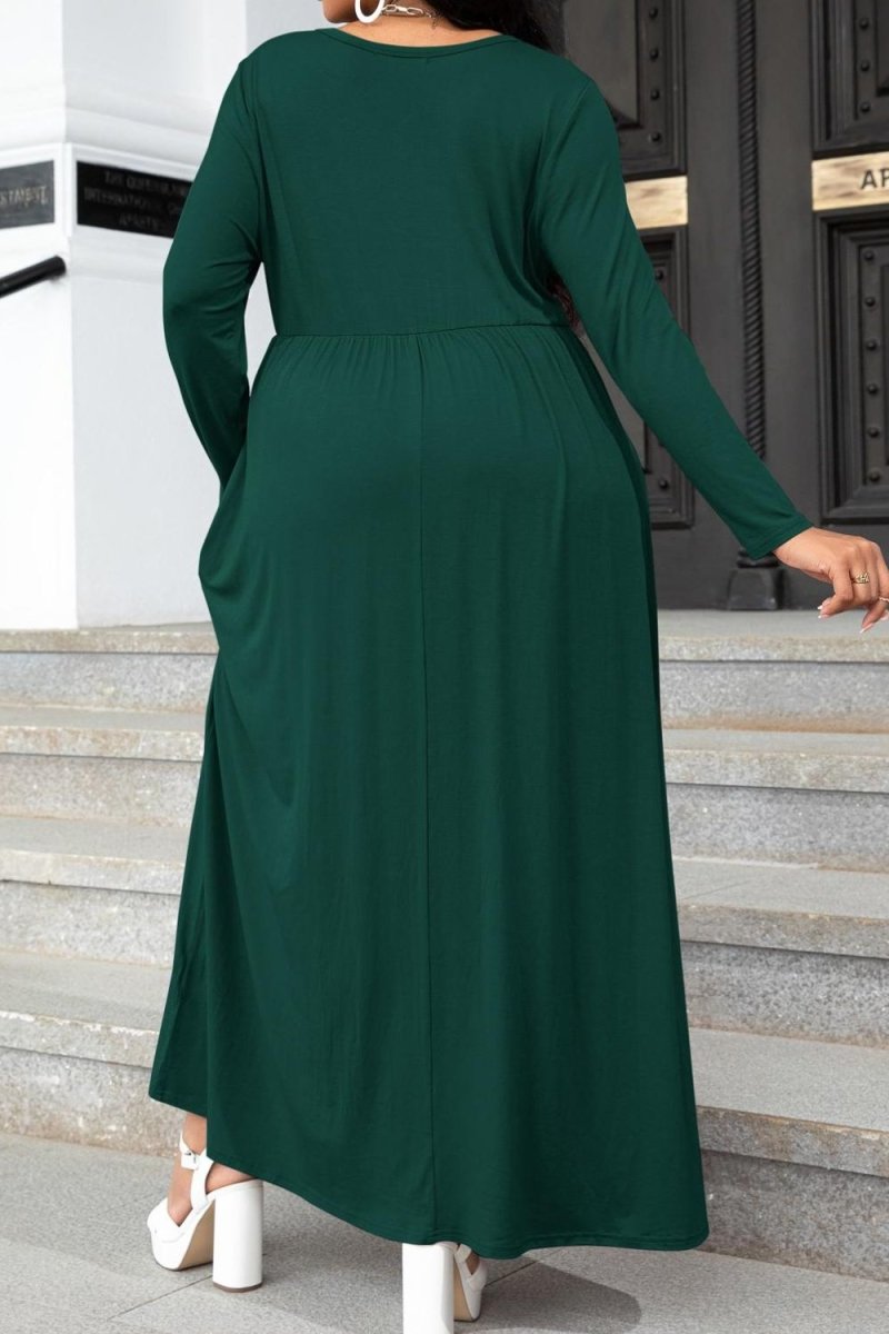 Plus Size Round Neck Long Sleeve Maxi Dress with Pockets - TapLike