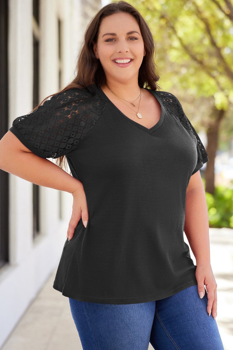 Plus Size Spliced Lace V-Neck Top - TapLike