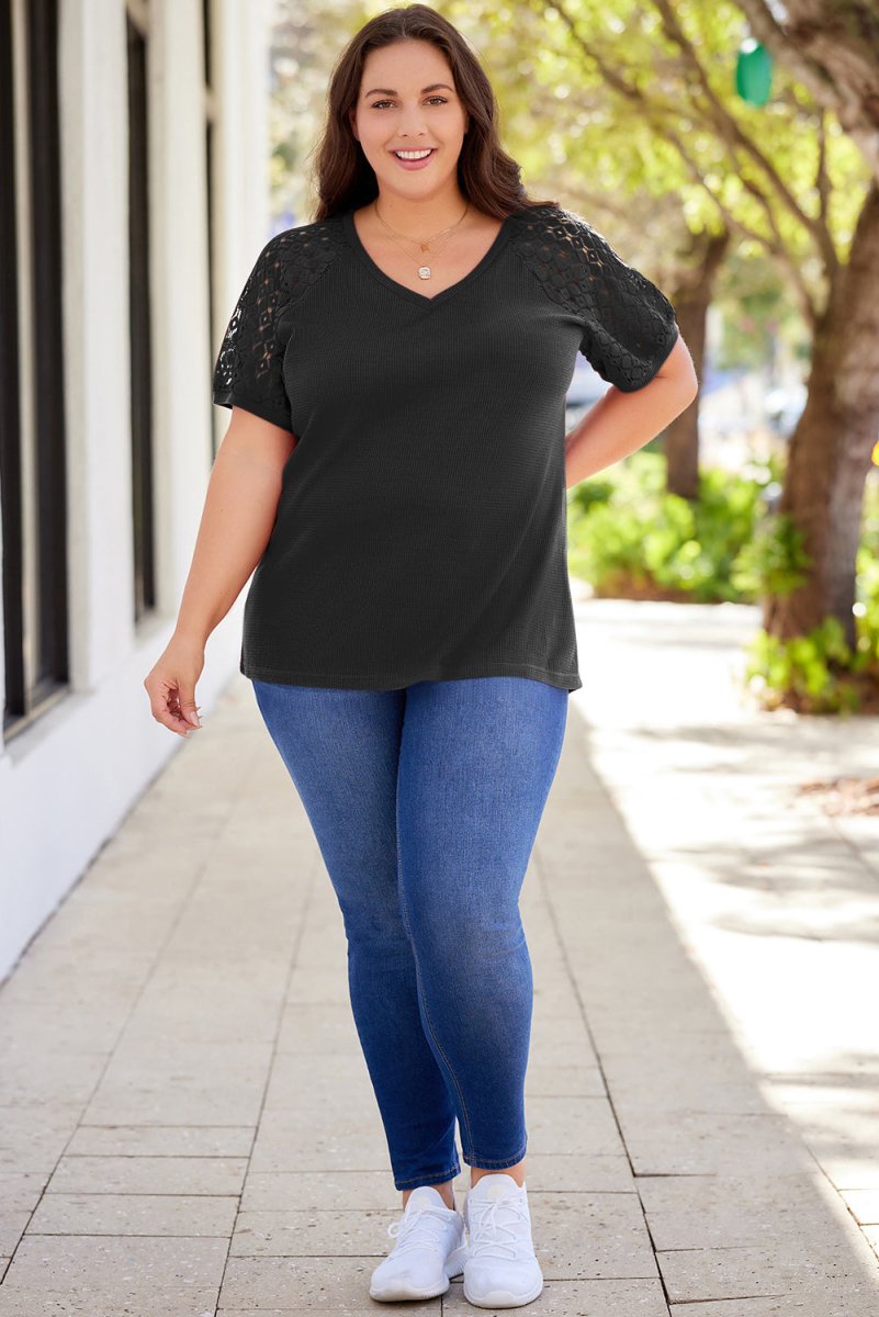 Plus Size Spliced Lace V-Neck Top - TapLike