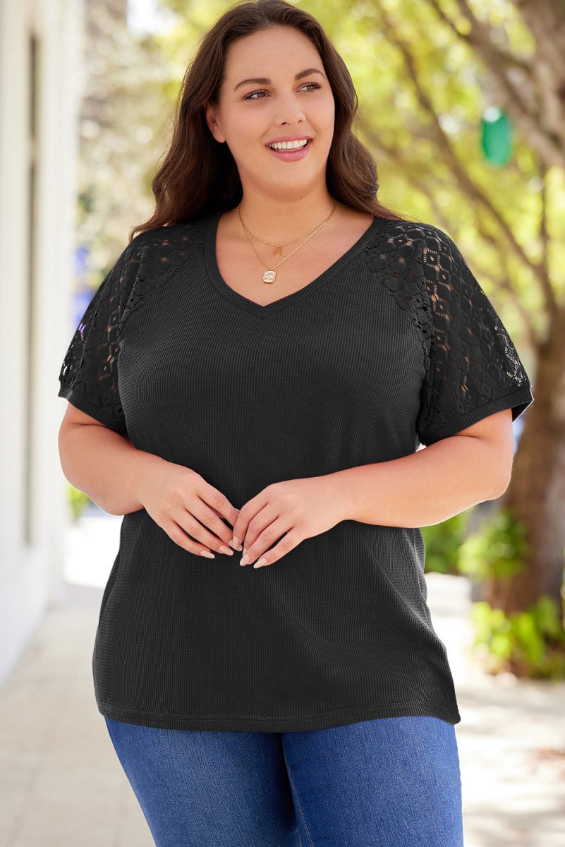 Plus Size Spliced Lace V-Neck Top - TapLike