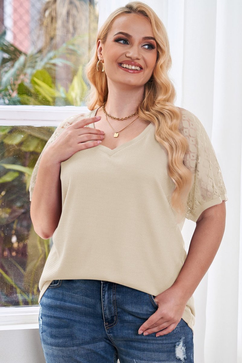 Plus Size Spliced Lace V-Neck Top - TapLike