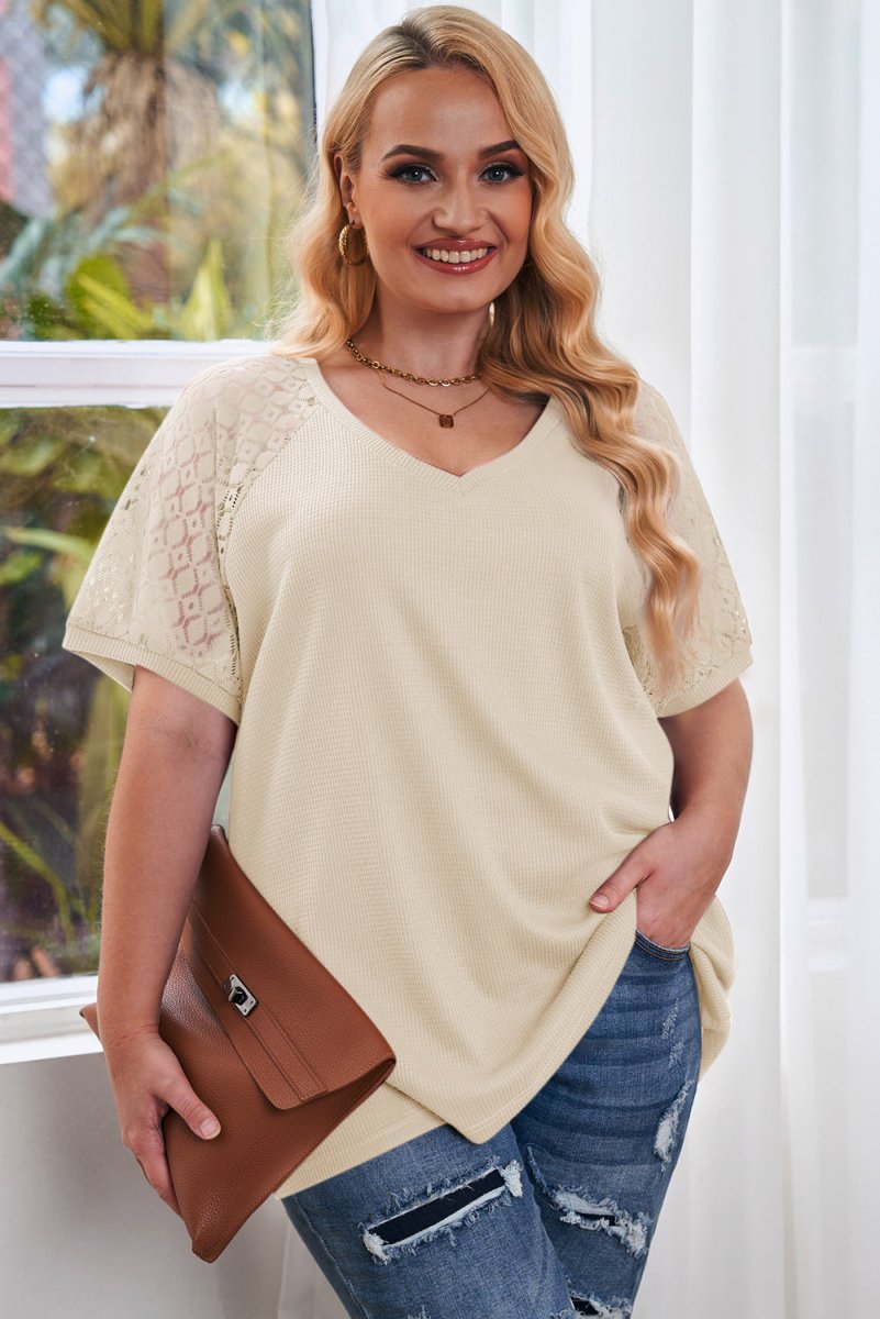 Plus Size Spliced Lace V-Neck Top - TapLike