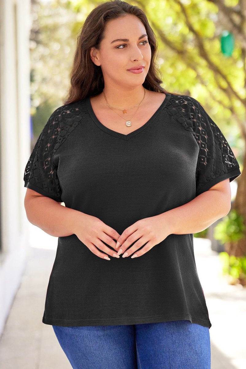 Plus Size Spliced Lace V-Neck Top - TapLike