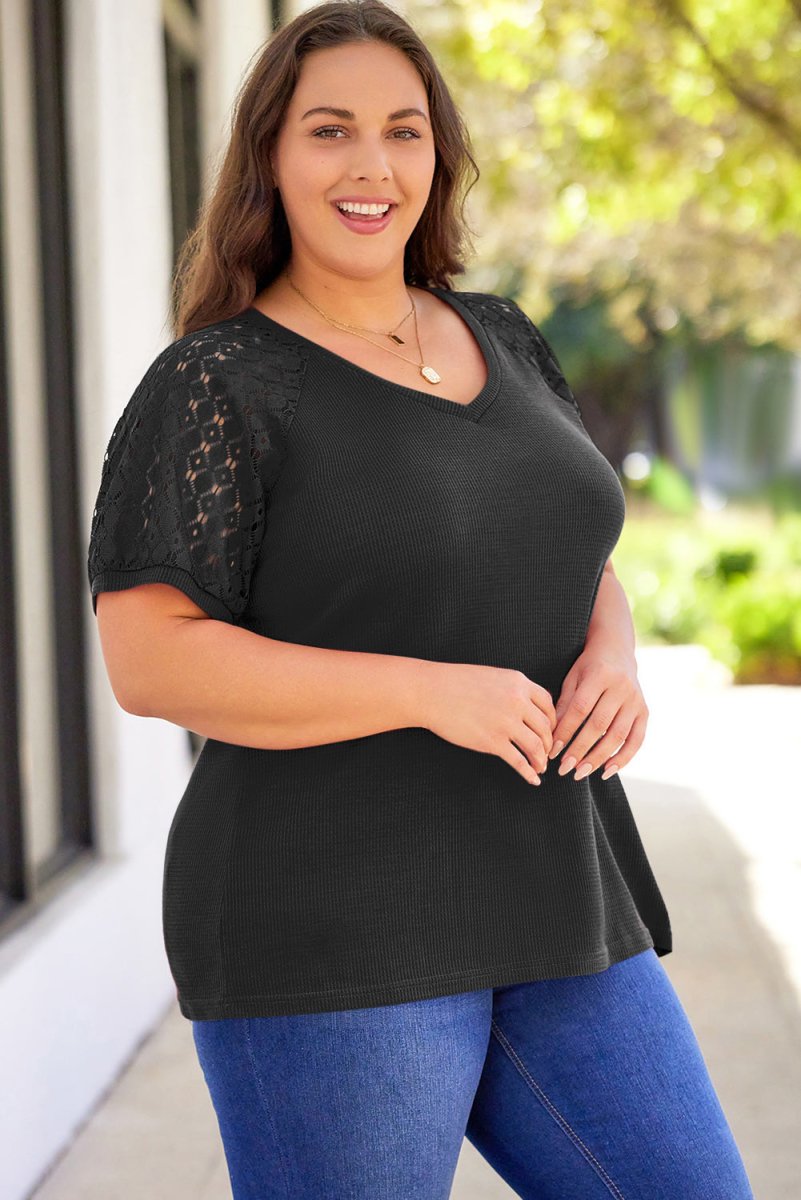 Plus Size Spliced Lace V-Neck Top - TapLike