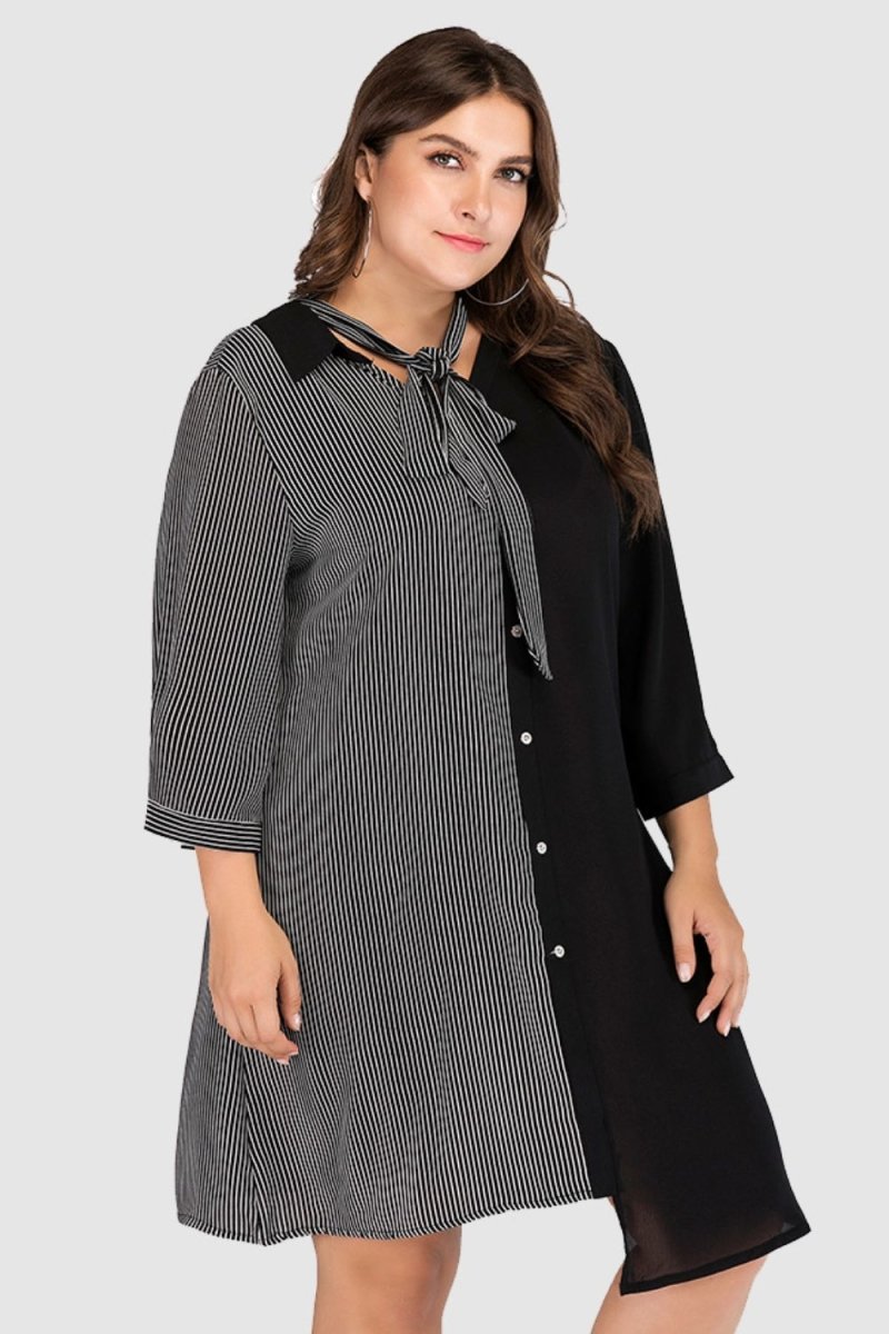 Plus Size Striped Color Block Tie-Neck Dress - TapLike
