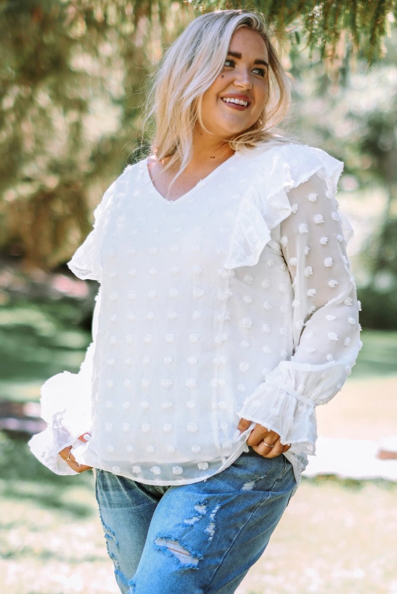 Plus Size Swiss Dot Ruffled Blouse - TapLike