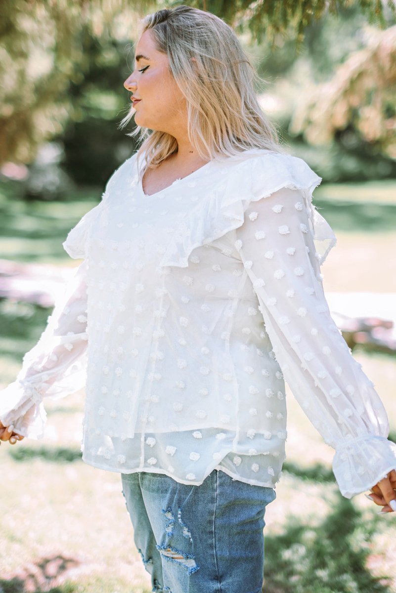 Plus Size Swiss Dot Ruffled Blouse - TapLike