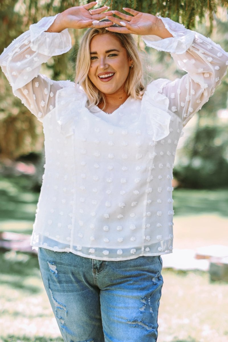 Plus Size Swiss Dot Ruffled Blouse - TapLike