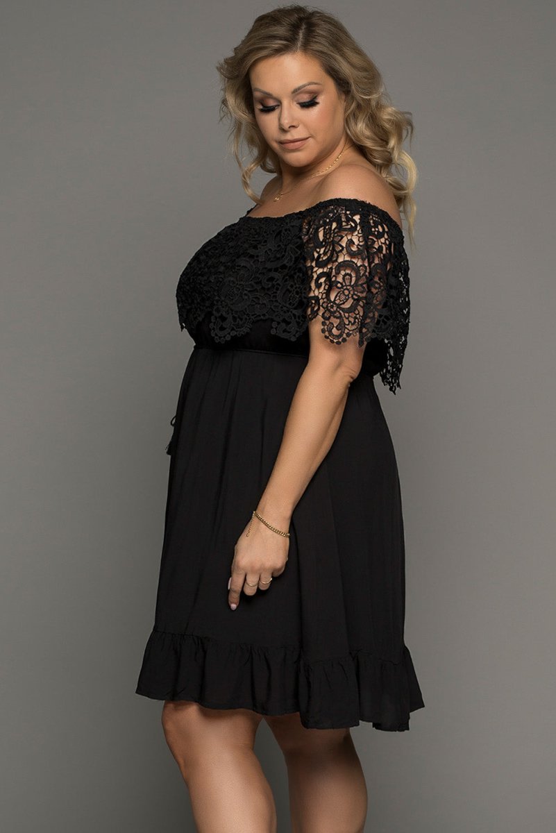 Plus Size Tassel Tie Spliced Lace Off-Shoulder Dress - TapLike