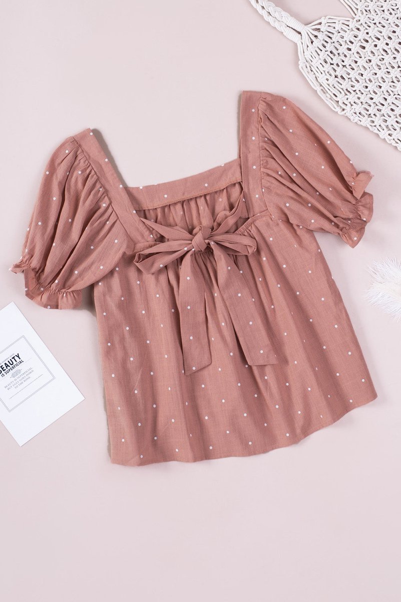 Polka Dot Square Neck Flounce Sleeve Top - TapLike