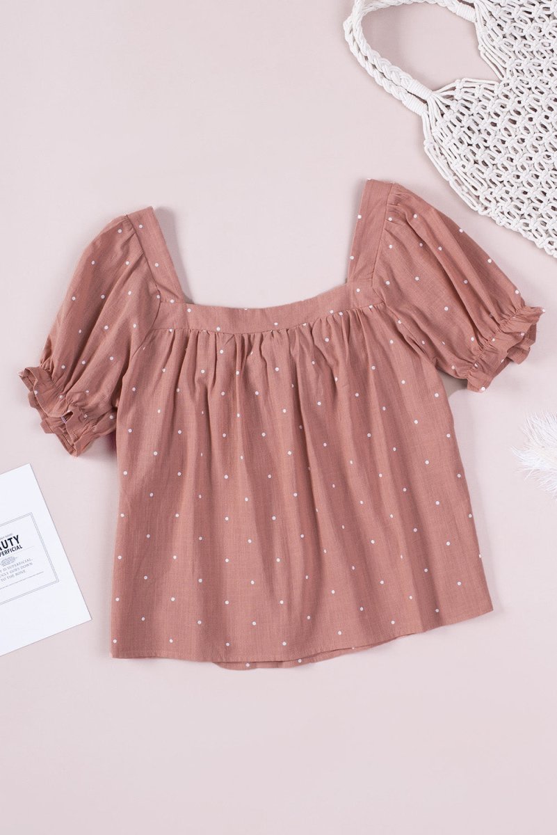 Polka Dot Square Neck Flounce Sleeve Top - TapLike