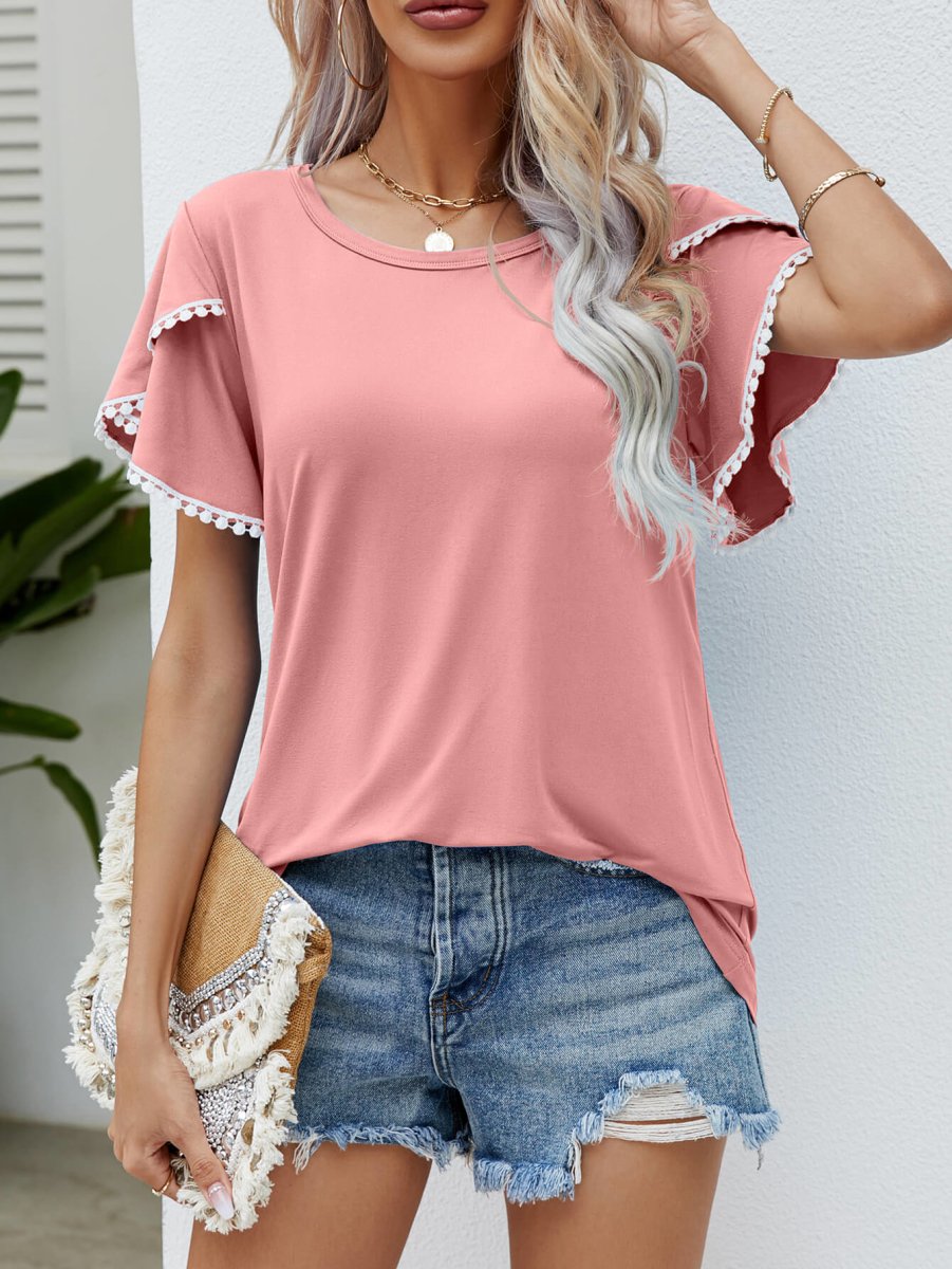 Pom-Pom Trim Flutter Sleeve Round Neck Tee - Taplike