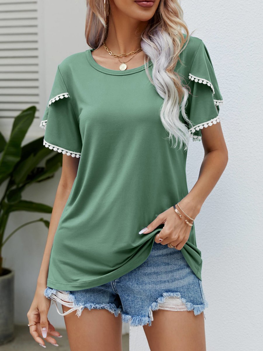 Pom-Pom Trim Flutter Sleeve Round Neck Tee - Taplike