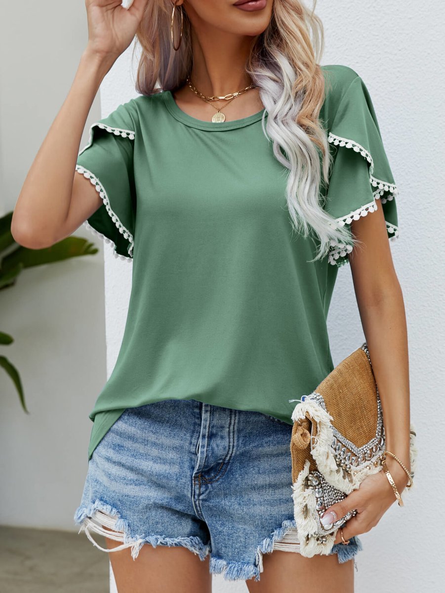Pom-Pom Trim Flutter Sleeve Round Neck Tee - Taplike