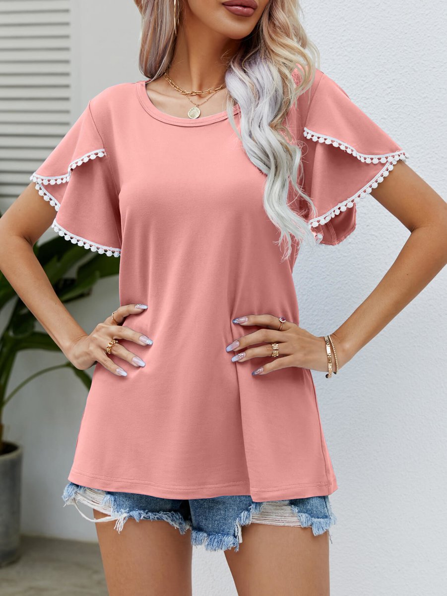 Pom-Pom Trim Flutter Sleeve Round Neck Tee - Taplike