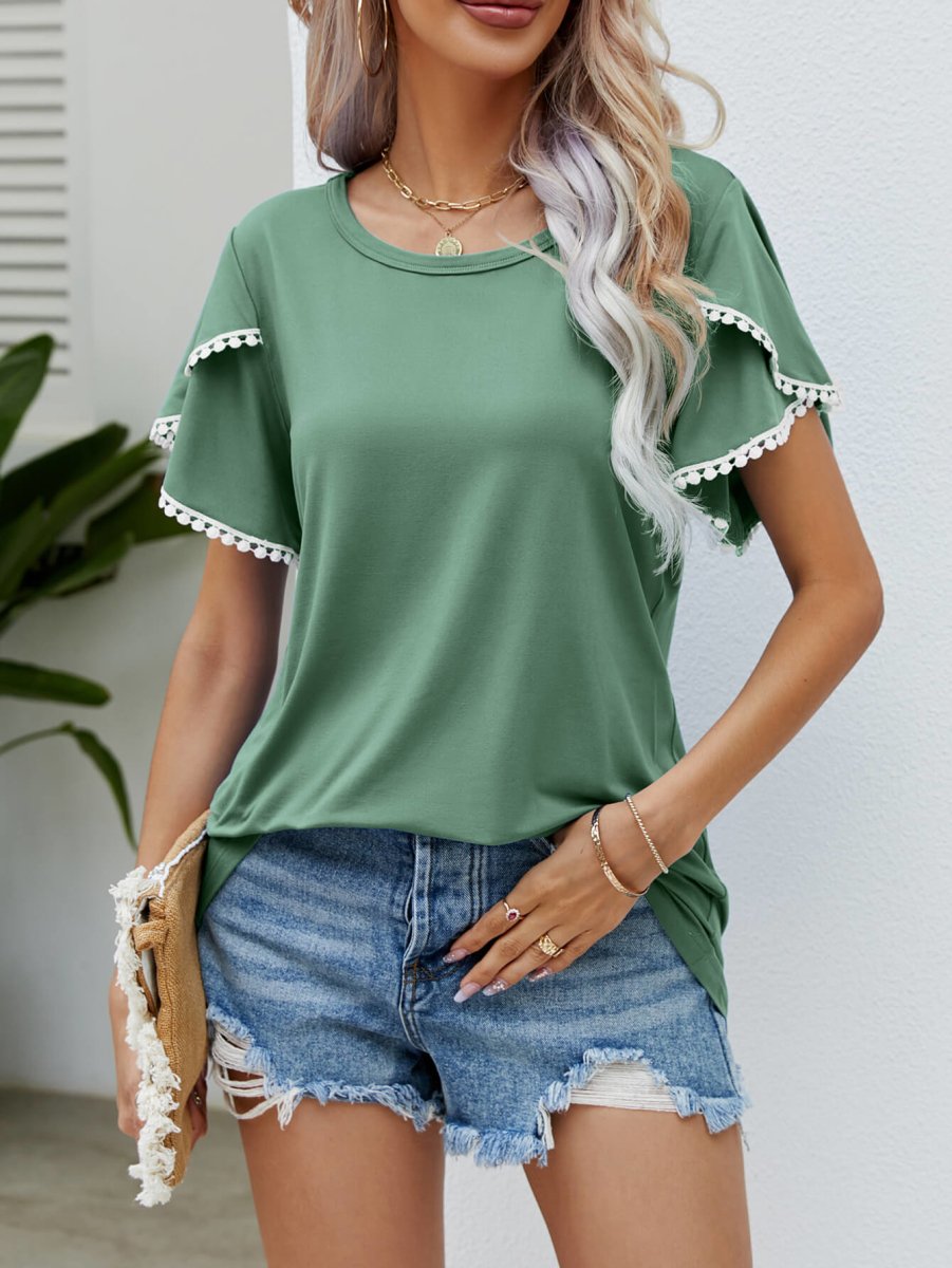 Pom-Pom Trim Flutter Sleeve Round Neck Tee - Taplike