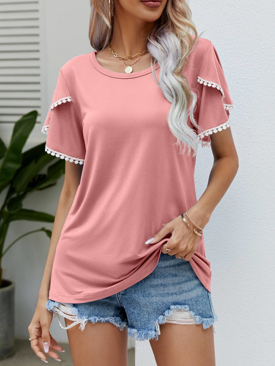 Pom-Pom Trim Flutter Sleeve Round Neck Tee - Taplike