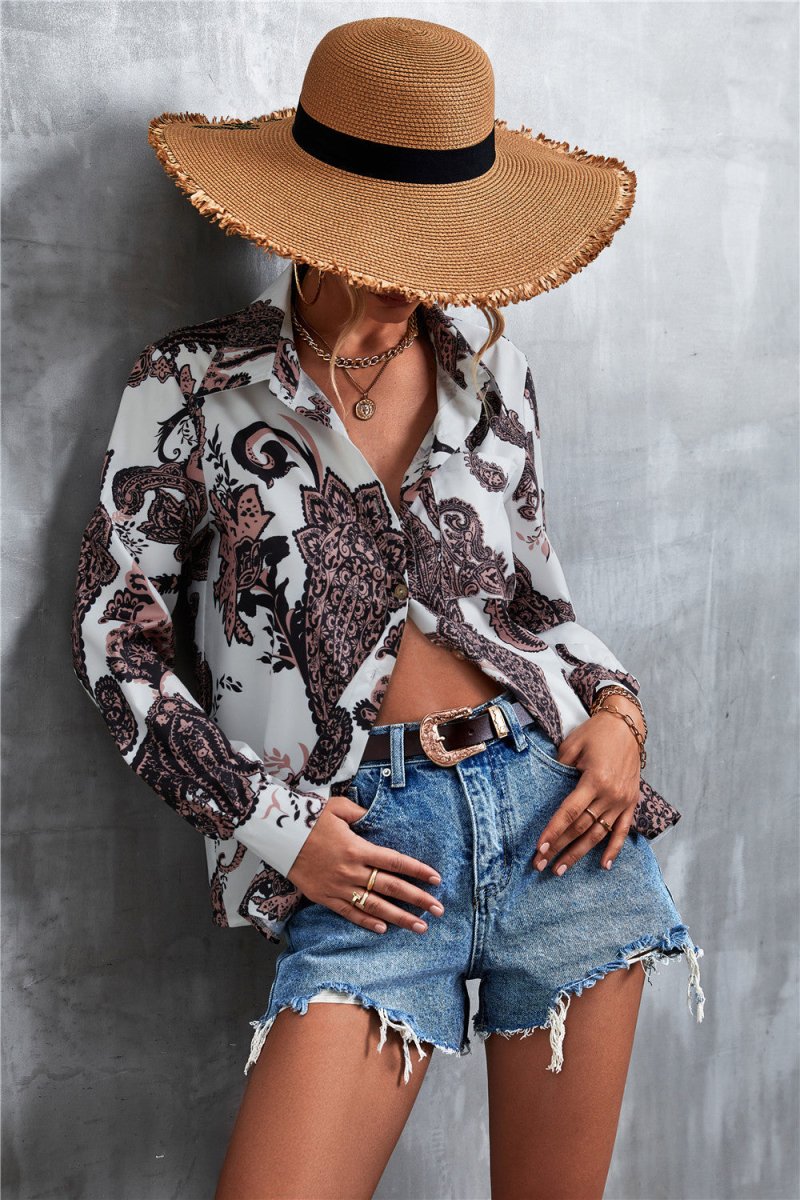 Printed Button Down Long Sleeve Shirt - TapLike