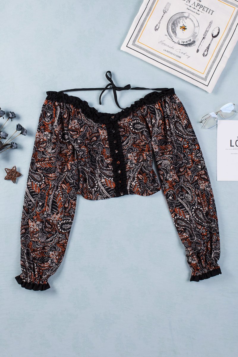 Printed Buttoned Balloon Sleeve Cropped Blouse - TapLike