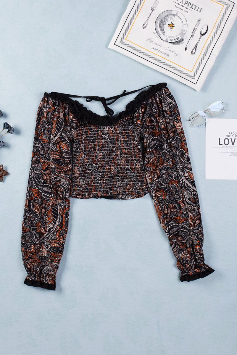 Printed Buttoned Balloon Sleeve Cropped Blouse - TapLike