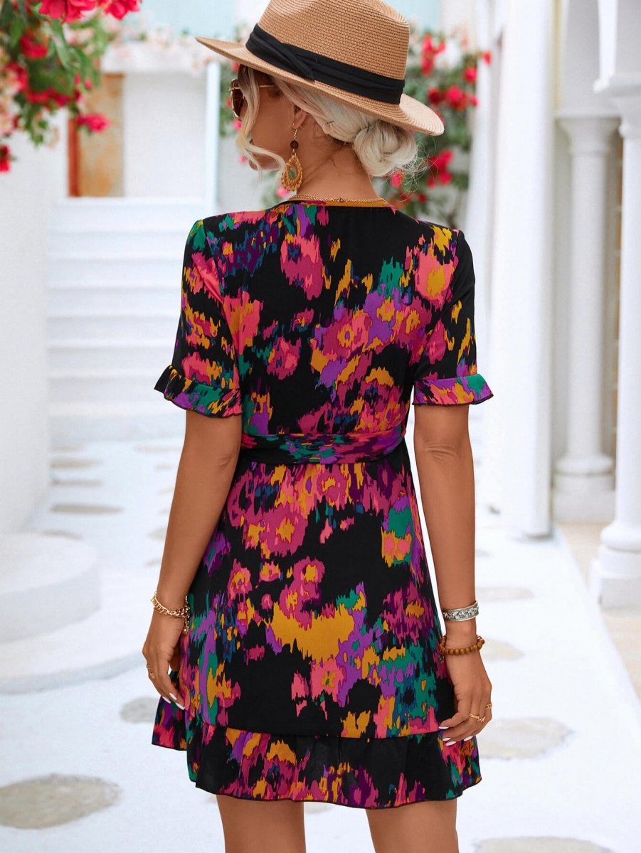Printed Flounce Sleeve Tied Dress - TapLike