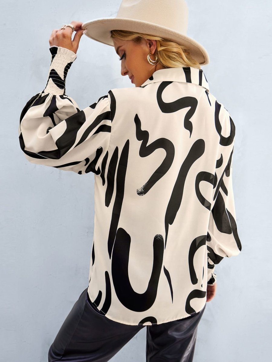 Printed Lantern Sleeve Button-Up Shirt - TapLike