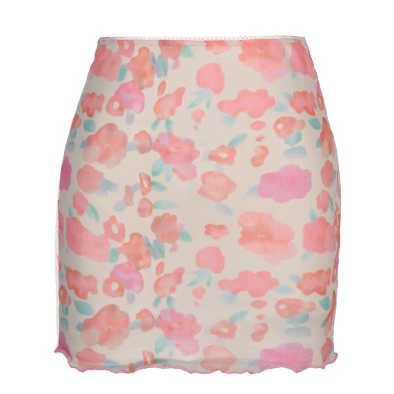 Printed mesh skirt high waist double layer slim wrap hip skirt - TapLike