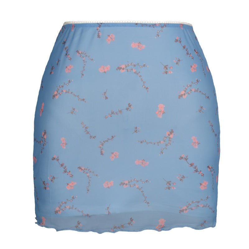 Printed mesh skirt high waist double layer slim wrap hip skirt - TapLike
