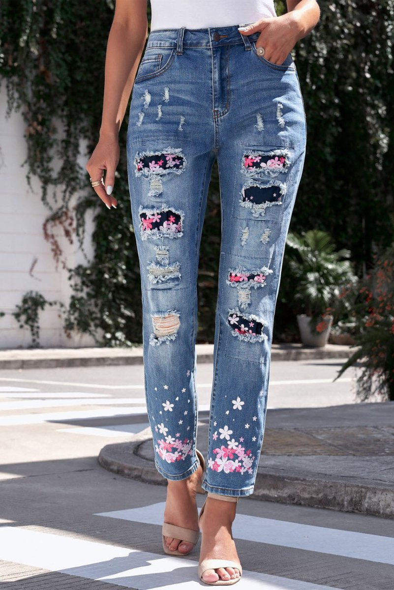 Printed Patch Distressed Boyfriend Jeans 10010004638 - Taplike