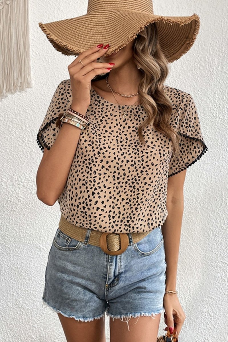 Printed Pom Pom Detail Petal Sleeve Round Neck Blouse - TapLike