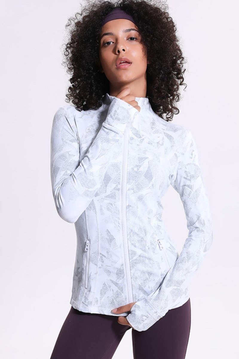 Printed Zip Up Thumbhole Sleeve Sports Jacket - TapLike