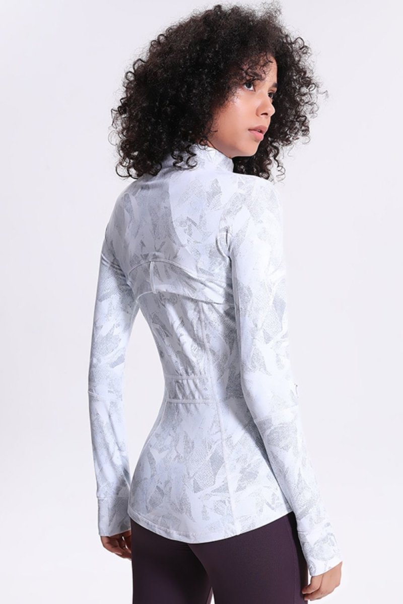 Printed Zip Up Thumbhole Sleeve Sports Jacket - TapLike