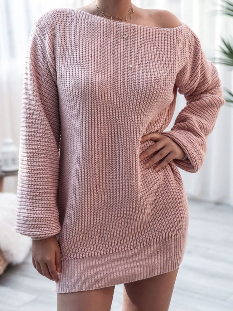 Rib-Knit Balloon Sleeve Boat Neck Sweater Dress - TapLike