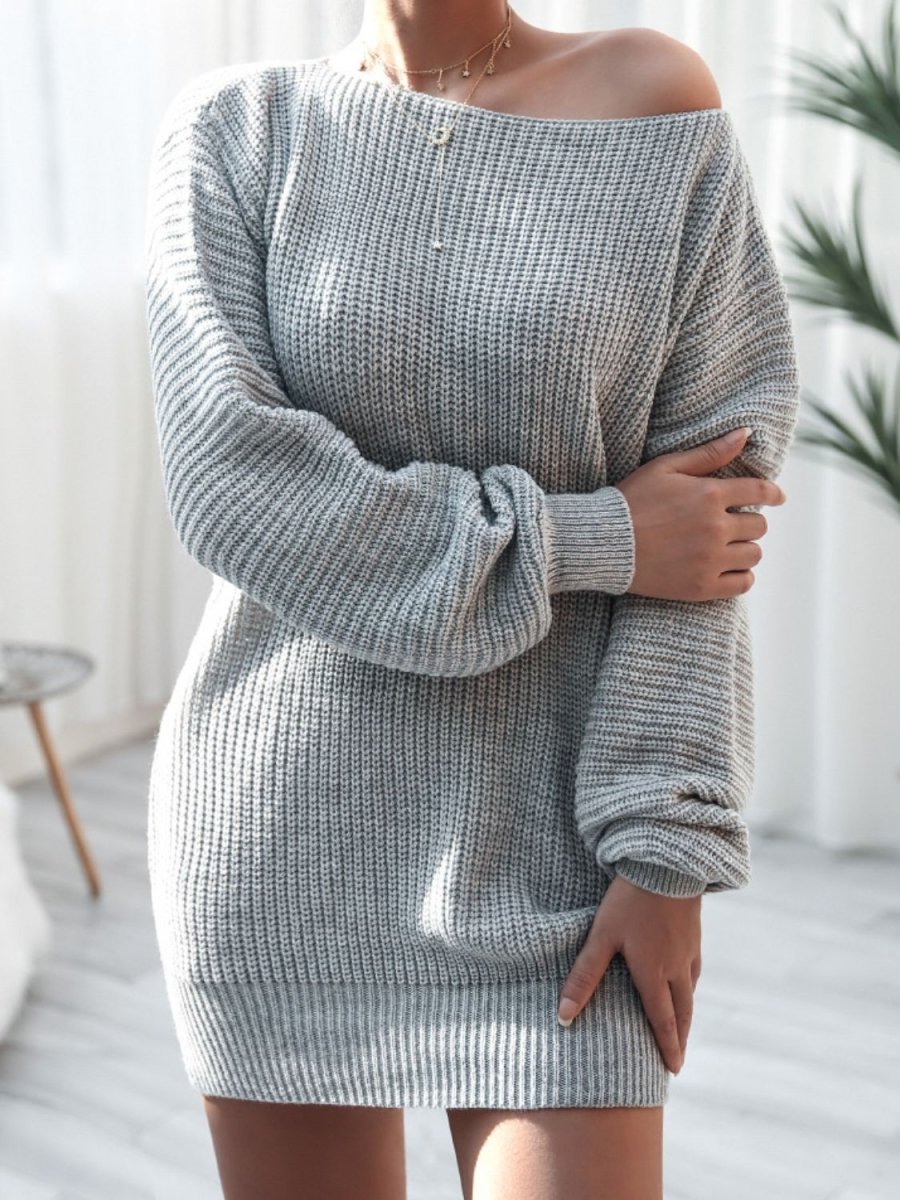 Rib-Knit Balloon Sleeve Boat Neck Sweater Dress - TapLike