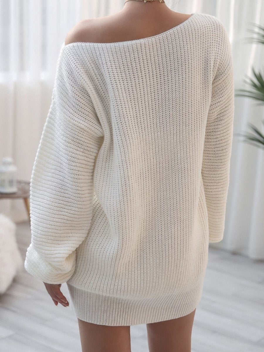 Rib-Knit Balloon Sleeve Boat Neck Sweater Dress - TapLike